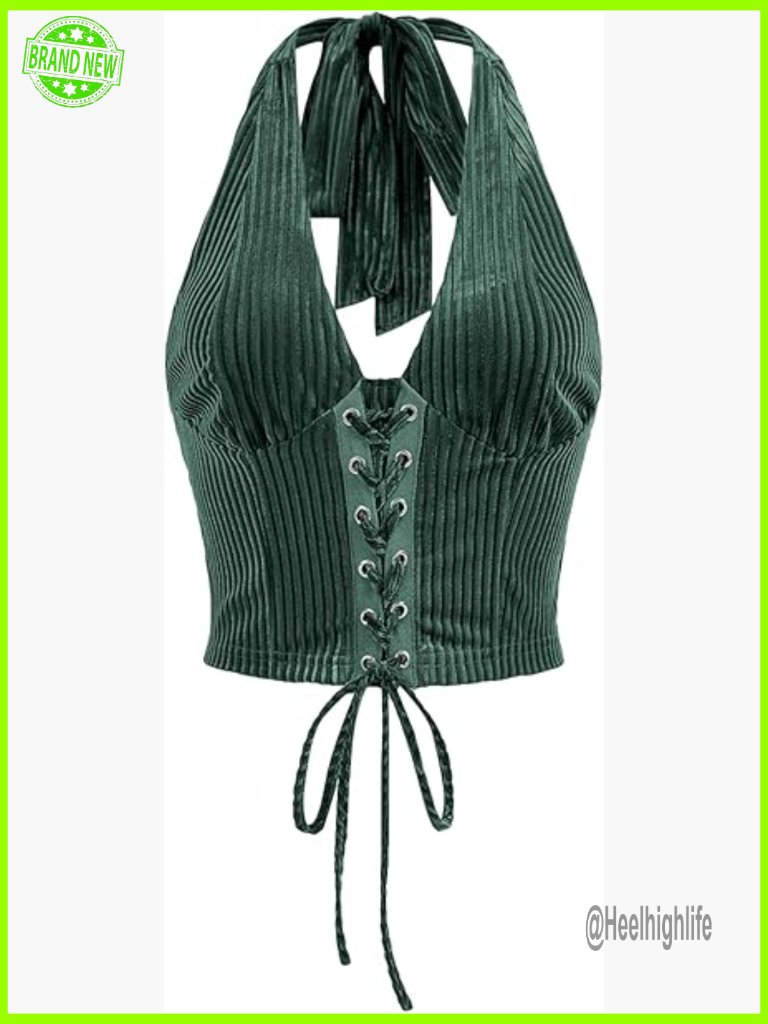 Halter Corset Crop Top With Lace-Up Front Open Back Going Out